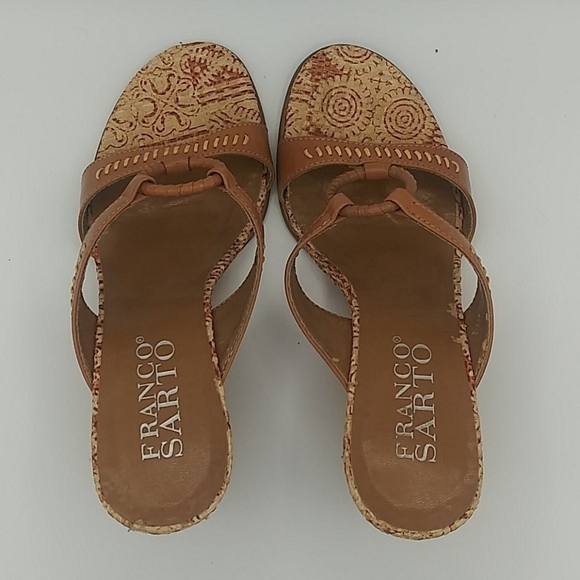 Franco Sarto Tan Tribal Design Loop Strap Leather Round Open Toe Wedge Sandal - Picture 7 of 15